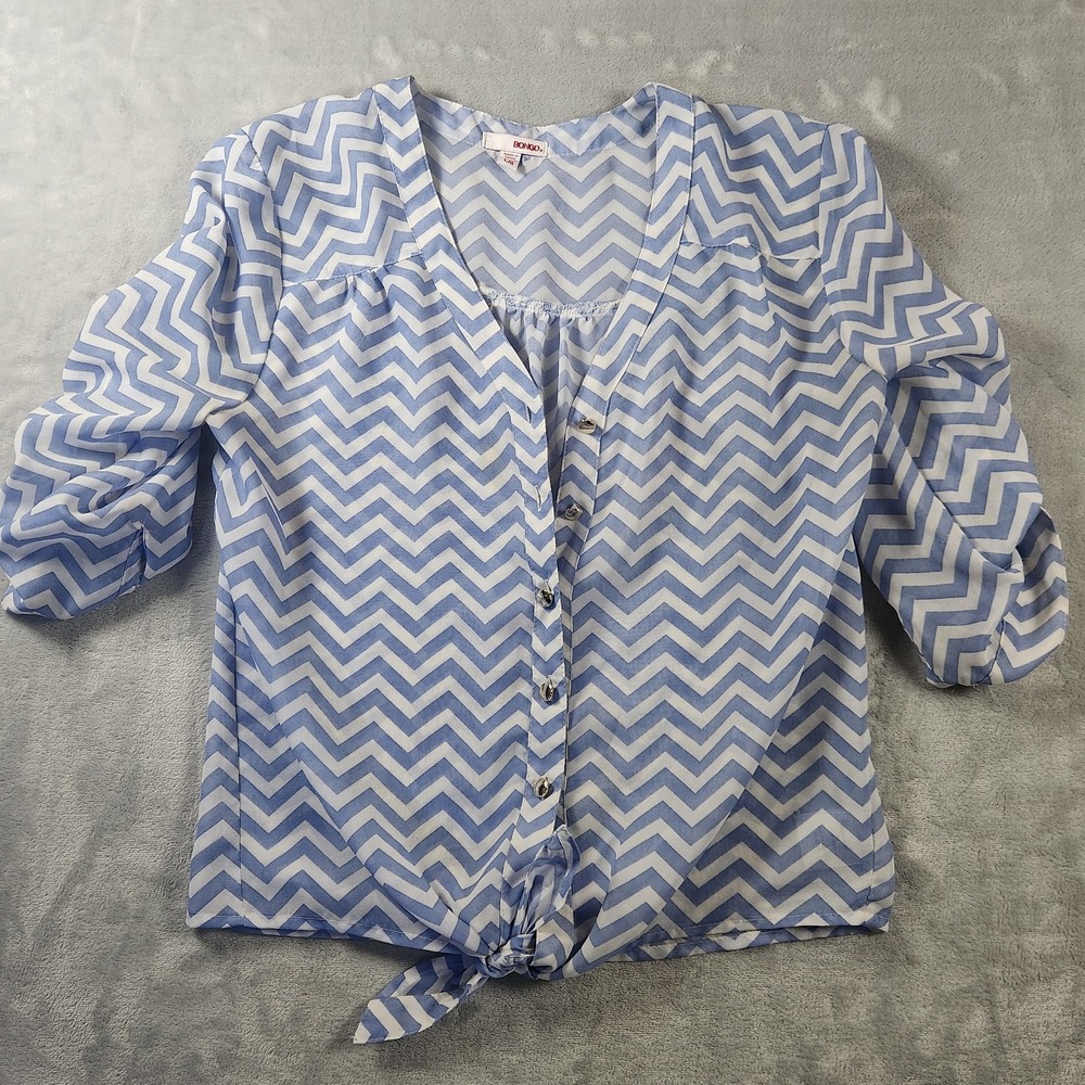 Bongo Blue White Sheer Chevron  Blouse Convertible Sleeves‎ Top Large